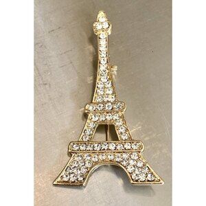 Vintage Goldtone Clear Crystal Eiffel Tower Pin Brooch
